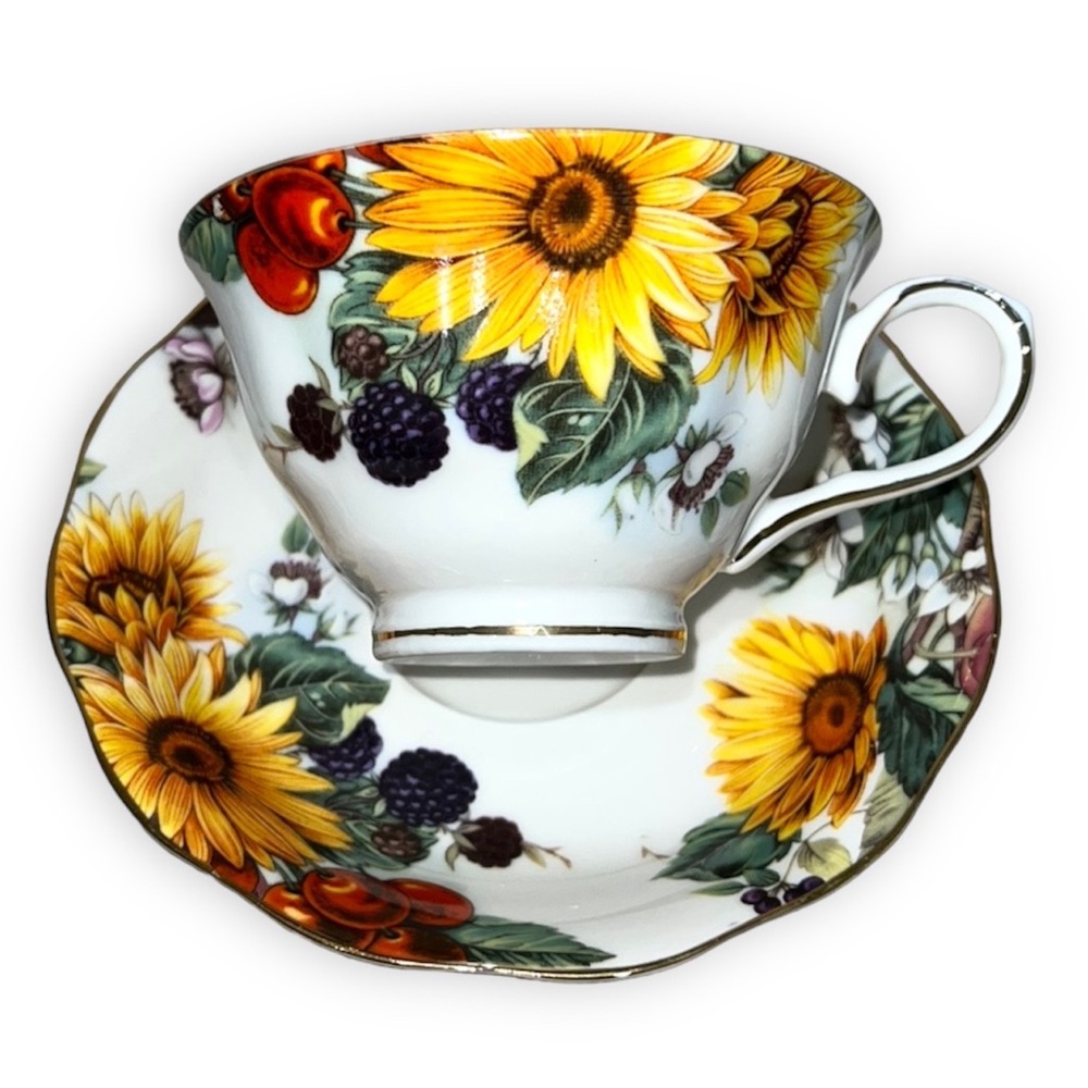 Blackberries & Sunflowers Teacup And Saucer Gold trim